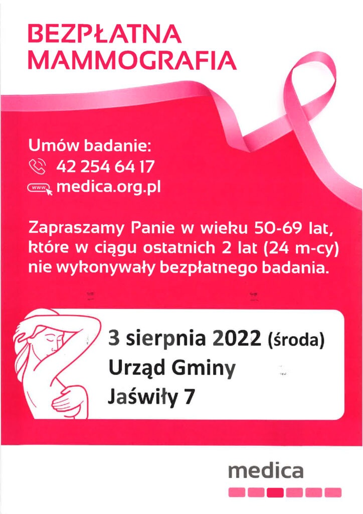 Bezpłatne badania mammograficzne w dniu 3 sierpnia 2022 roku