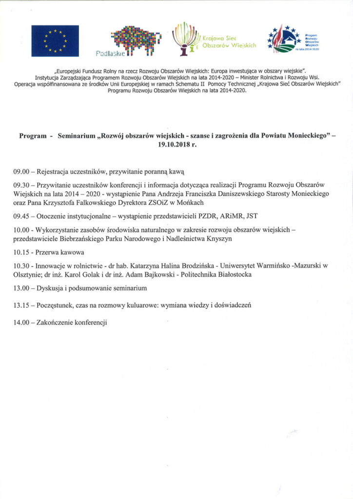 Seminarium "Rozwój obszarów wiejskich - szanse i zagrożenia dla Powiatu Monieckiego"
