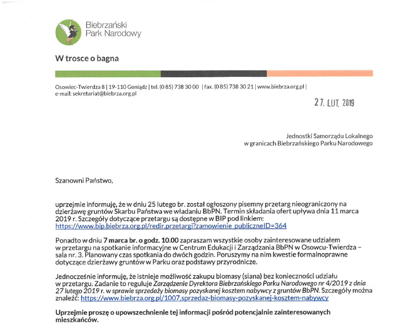 Przetarg nieograniczony na dzierżawę gruntów Skarbu Państwa będących we władaniu BbPN