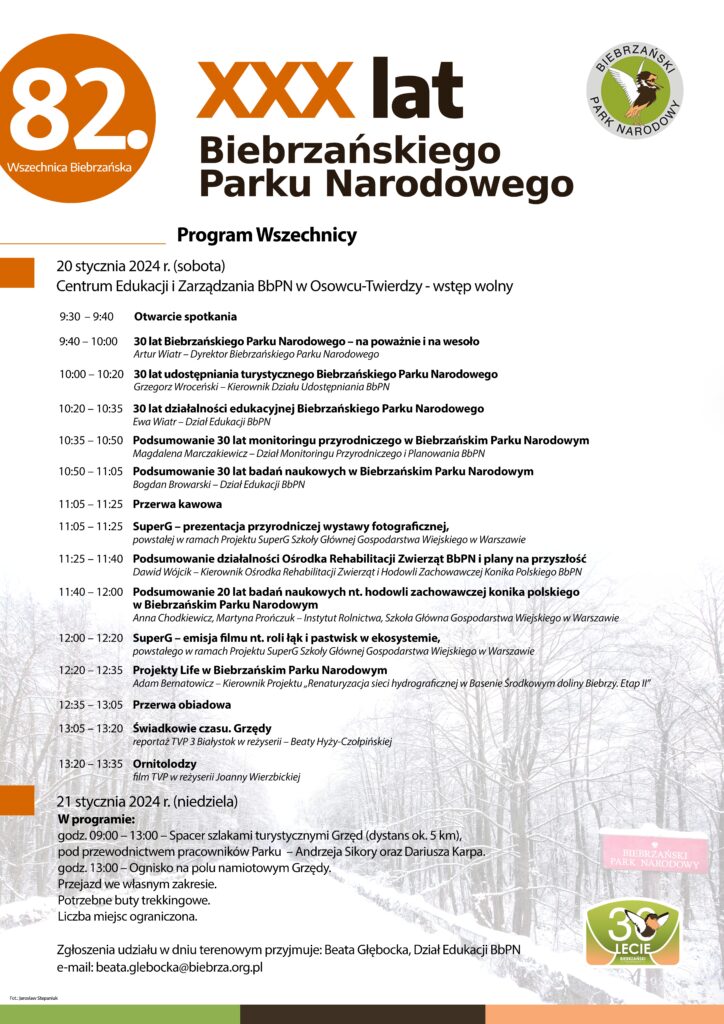 Biebrzański Park Narodowy zaprasza w dniach 20-21 stycznia 2024 r. na 82. Wszechnicę Biebrzańską pt. „XXX lat Biebrzańskiego Parku Narodowego"