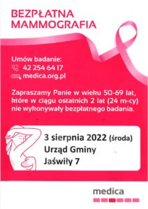 Bezpłatne badania mammograficzne w dniu 3 sierpnia 2022 roku