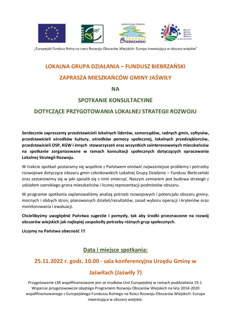 Zaproszenie na spotkanie konsultacyjne dotyczące opracowania Lokalnej Strategii Rozwoju