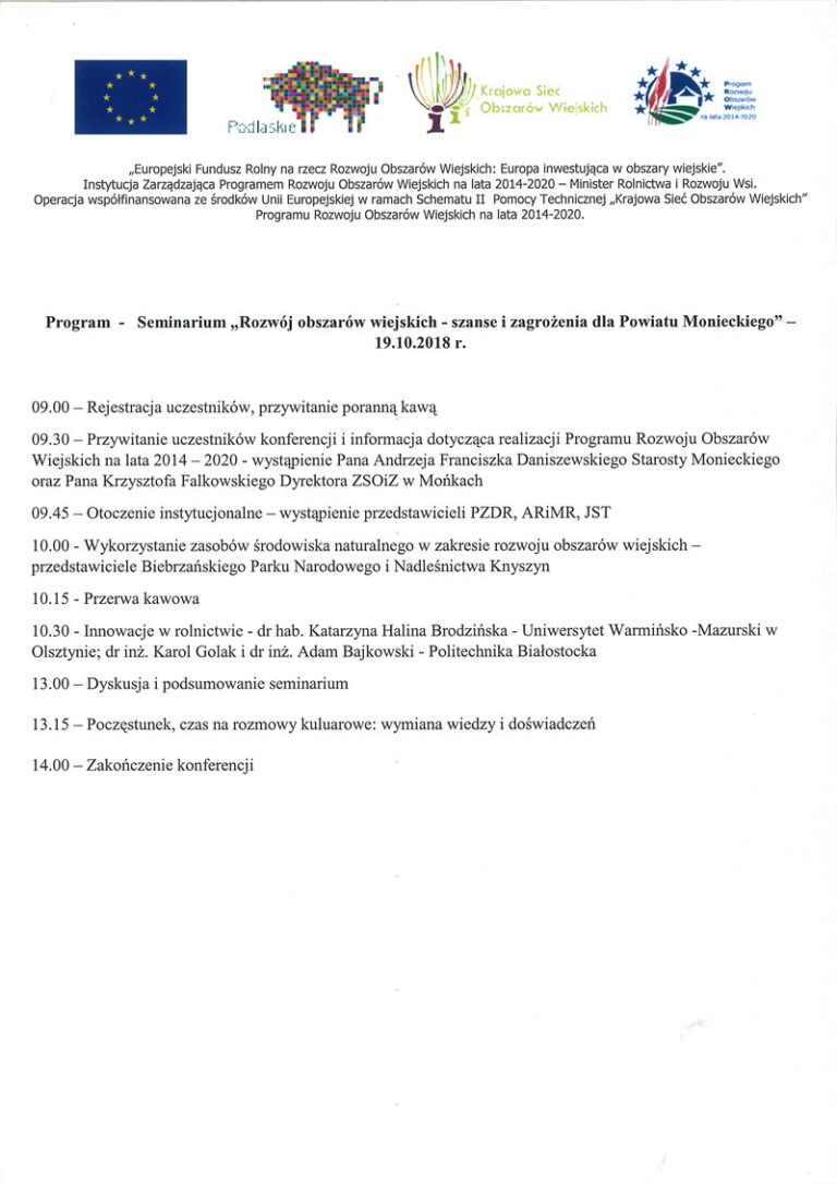 Seminarium "Rozwój obszarów wiejskich - szanse i zagrożenia dla Powiatu Monieckiego"